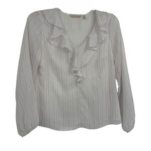 soft surroundings white ruffle top size Small Metallic Stripe Balloon Sleeves